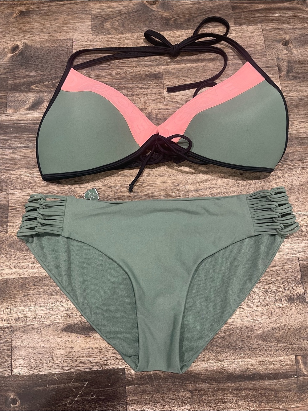 Body Glove Olive Green & Pink Bikini Set Size Large Great Used Condition